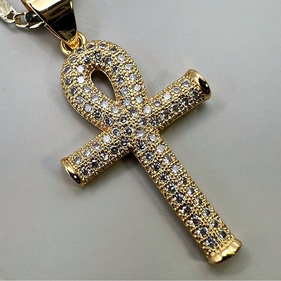 New Ankh Gold Tone CZ Iced Pendant Necklace with 22” Chain - Picture 2 of 8